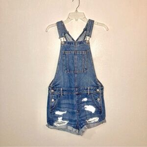 American Eagle Tomgirl Shortall Distressed Denim Overalls